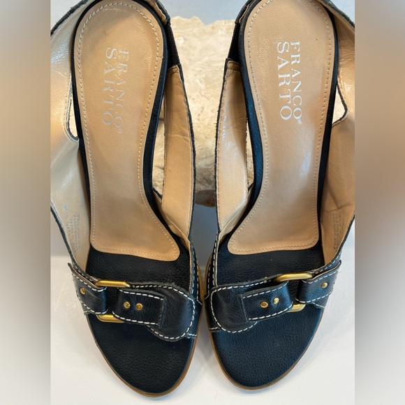 Franco Sarto Slingback Peep Toe Black Pebble grain Leather Platform Heels Sz 9.5 - Picture 3 of 10